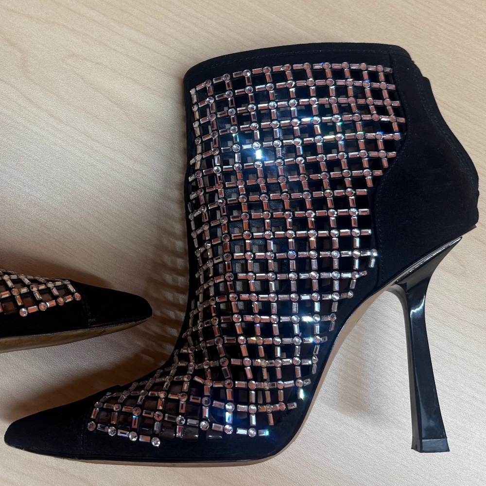 I.N.C. Black Rhinestone Studded Ankle Booties Pointed Toe Stiletto Heels 7